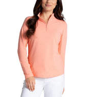 Ibkul Women Solid Long Sleeve Zip Mock Neck Shirt - Peach