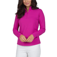 Ibkul Women Solid Long Sleeve Zip Mock Neck Shirt - Raspberry