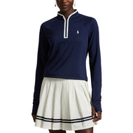 RLX Ralph Lauren Wanita Peregangan Jersey Quarter -Zip Pullover - Tentera Laut/Putih yang halus