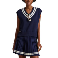 RLX RALPH LAUREN WOMER'S COTTOR V NECK无袖毛衣背心 - 精制海军/陶瓷白色