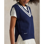 RLX Ralph Lauren妇女棉v脖子毛衣 - 精制海军/陶瓷白色