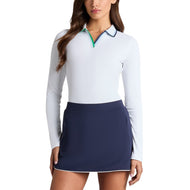 G/Fore Wanita Kontras Johnny Collar Rib Lengan Panjang Baju Polo Golf - Snow/Clover
