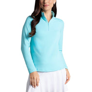 Ibkul Women Solid Long Sleeve Zip Mock Neck Shirt - Seafoam