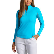 Ibkul Women Solid Long Sleeve Zip Mock Neck Shirt - Turquoise