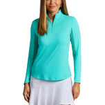 Ibkul Women Solid Long Sleeve Zip Mock Neck Shirt - Jade