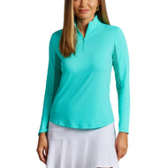 Ibkul Women Solid Long Sleeve Zip Mock Neck Shirt - Jade