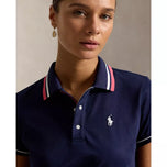 RLX Ralph Lauren 女式 Tour Pique 高尔夫 Polo 衫 - 精致海军蓝/陶瓷白/亮粉色